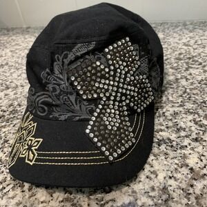 Y2K Ed Hardy Style Hat Black Rhinestone Cross Christian Womens Army Leader Loga